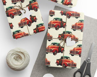 Vintage Truck with Christmas Wreath Wrapping Paper | Retro Holiday Pattern