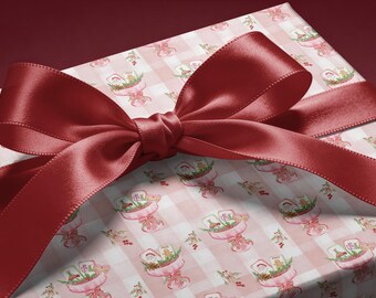 Christmas Mahjong Cocktails Wrapping Paper |  Red Green Pink Checked