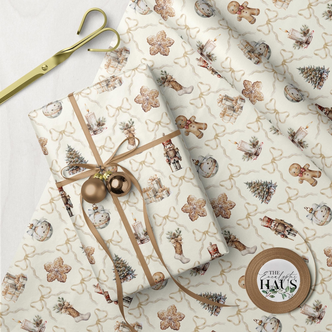 Neutral Tan Christmas Wrapping Paper, Nutcracker & Gingerbread Design ...