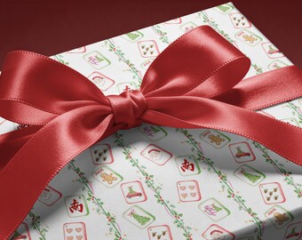 Christmas Mahjong Tiles Wrapping Paper | Santa & Gingerbread Bamboo Garland