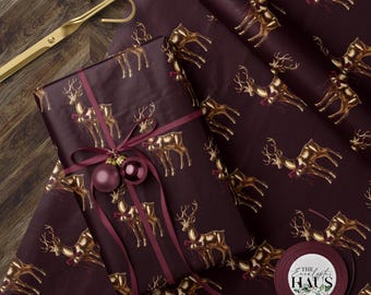 Burgundy Gold Reindeer Christmas Wrapping Paper | Gift Wrap