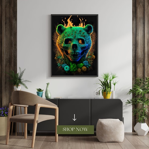 Zombear, Zombie bear wall art. Printable download.