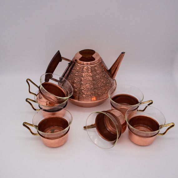 Vintage Kupfer Teeservice von Schott Mainz, 6 Tassen mit Glaseinsätzen & Teekanne, Teekessel, 1960er Jahre Design, Mid Century Modern