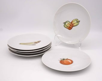 Vintage Porcelain Plates Set: 6 Small Vegetable Motif Dishes