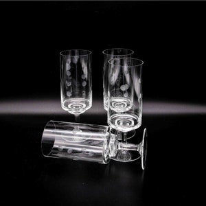 Vintage set van 4 gegraveerde longdrinkglazen uit het midden van de eeuw met steel, jaren 50 ontwerp, baraccessoires, retro drinkglazen, cocktailglazen