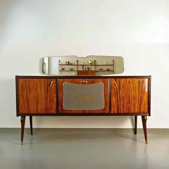 Italian Vintage Sideboard With Bar and Mirror, Art Deco, 1930s Italian Vintage Sideboard With Bar and Mirror, Art Deco, 1930s