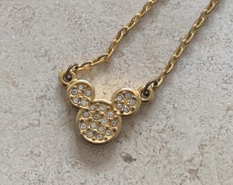 Vintage Disney Micky Maus Goldfarbene klare Strass Anhänger Halskette