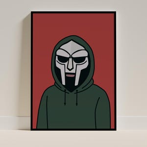 Può includere: Stampa artistica incorniciata con un'illustrazione a cartoni animati di una figura con una maschera e una felpa con cappuccio verde. La maschera è argentata e nera, con grandi occhiali da sole. Lo sfondo è di colore rosso.