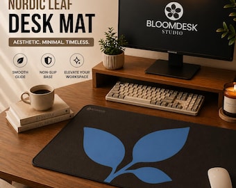 Blue Leaf Minimal Plant Desk Mat | Office Mouse Pad Surface