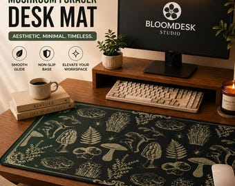 Mushroom Forager Desk Mat | Vintage Forest Office Decor