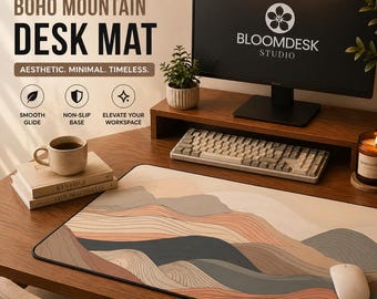 Boho Mountains Desk Mat | Minimalist Line Art, Neutral Beige Workspace