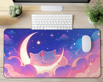 Cute Cat Moon Desk Mat, Crescent Moon, Desk Mat Aesthetic, Lofi Desk Mat, Cute Desk Mat, Gamer Girl, Desk Accessories, Gifts for Gamers