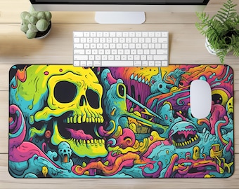 Neon Skull Desk Mat, Cool Monster Desk Pad, Psychedelic Office Decor, Desk Mat Aesthetic, Gaming Setup, XL Mouse pad, Trippy Gift for Gamers