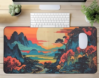 Japanese Sunset Desk Mat, Large Vaporwave Mouse Pad, Retrowave Office Decor, Colorful Ethereal desk pad, Gifts for Gamer, Desk Mat Aesthetic