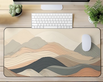 Boho Mountains Desk Mat, Minimalist Line Art, Unique Workspace, Cute Desk Mat, Desk Mat Aesthetic, Larger Gaming Mouse Pad, Neutral Beige