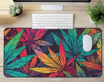 Psychedelic Cannabis Desk Mat, Colorful Neoprene Gaming Deskpad 15.5” x 31”