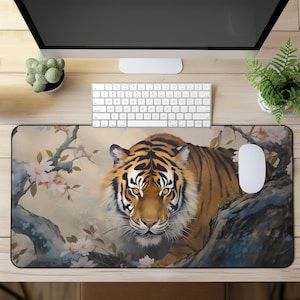 Vintage Japanese Tiger Desk Mat: Sakura Woodblock Print XL Mousepad