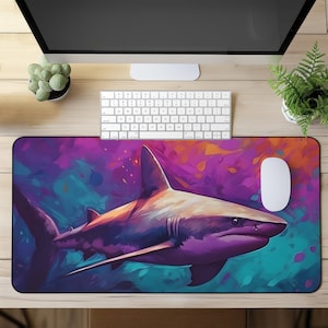 Colorful Shark Desk Mat: Abstract Aquatic Art Gaming Deskpad