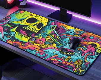 Neon Skull Desk Mat, Cool Monster Desk Pad, Psychedelisch Office Decor, Desk Mat Esthetisch, Gaming Setup, XL Muismat, Trippy Cadeau voor gamers