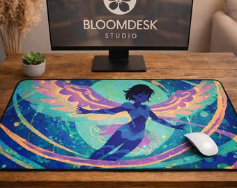 Celestial Winged Warrior Desk Mat | Fantasy Anime Mousepad