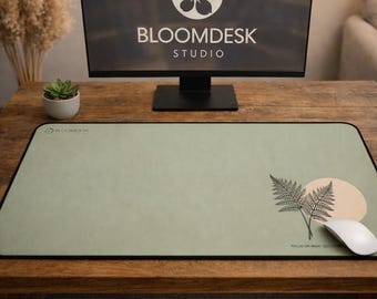 Minimal Fern Moon Desk Mat | Botanical Sage Green Workspace Pad