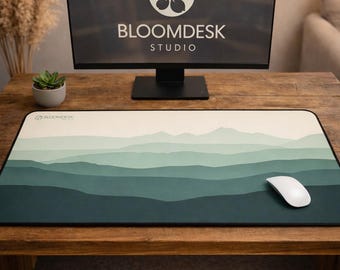 Minimal Layered Mountain Landscape Desk Mat | Green Gradient Desk Pad