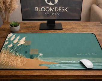 Coastal Shoreline Illustration Desk Mat | Serene Ocean Beach Scene