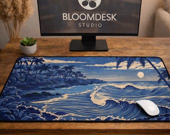 Vintage Ocean Wave Moonrise Desk Mat | Coastal Palm Seascape Mouse Pad
