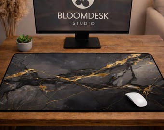 Onyx Marble Desk Mat | Dark Grey with Golden Veins