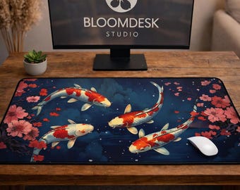 Koi Fish Desk Mat | Japanese Cherry Blossom Workspace Decor