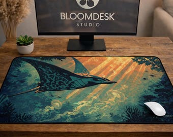 Ocean Manta Ray Desk Mat | Cinematic Underwater Scene, Jellyfish, Teal Tones Mouse Pad