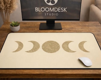 Moon Phase Desk Mat | Beige Boho Office Decor, XL Mouse Pad