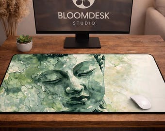 Green Buddha Desk Mat | Serene Watercolor Home Office Decor
