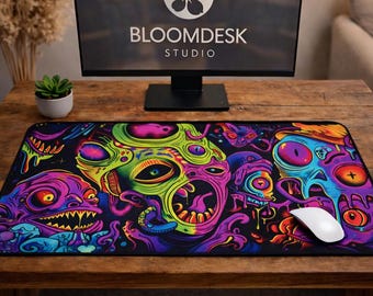 Trippy Neon Monster Desk Mat | Psychedelic Gaming Office Decor
