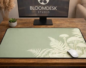 Mushroom and Fern Illustration Desk Mat | Botanical Desk Pad