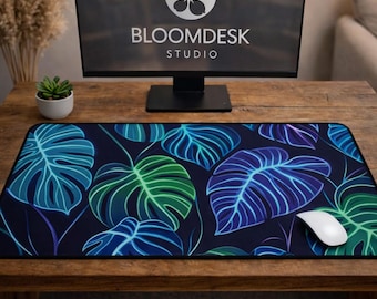 Neon Monstera Leaves Desk Mat | Tropical Botanical Office Decor