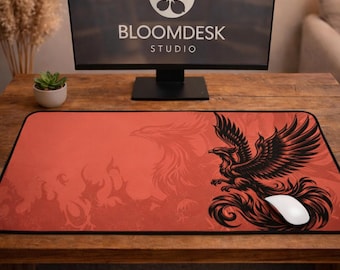 Phoenix Desk Mat | Vermillion Orange, Black Fire Bird Deskpad