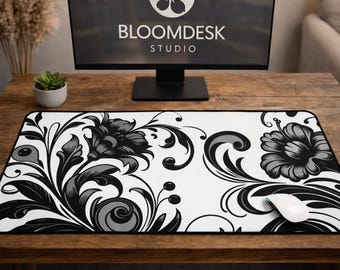Black and White Floral Desk Mat | Elegant Botanical Office Decor