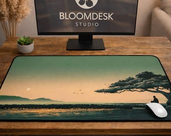 Solitary Figure Under Banyan Tree Desk Mat | Tranquil Sunset Silhouette