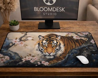 Vintage Japanese Tiger Desk Mat | Sakura Woodblock Print XL Mousepad