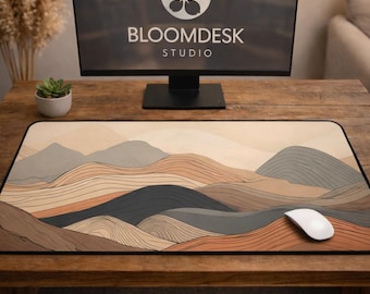 Boho Mountains Desk Mat | Minimalist Line Art, Neutral Beige Workspace