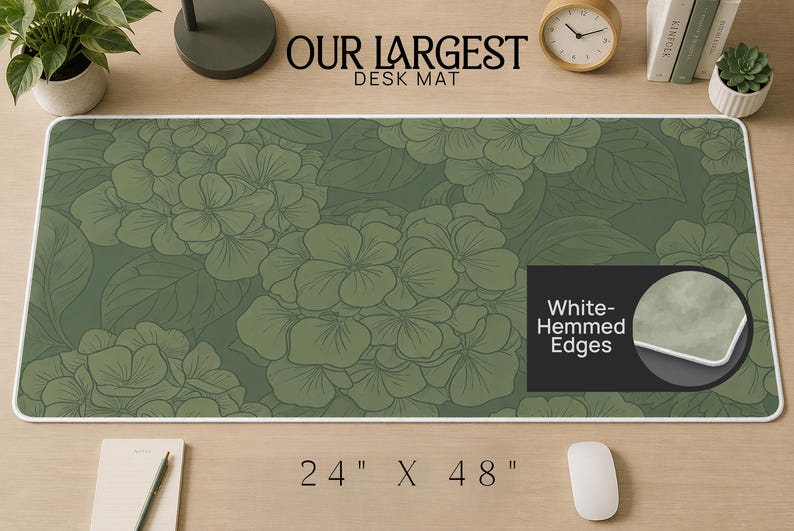 Sage Green Botanical Desk Mat | Hydrangea Floral Mouse Pad, Japandi Office Setup image 5