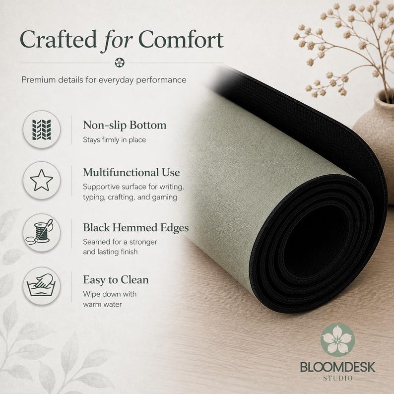 May include: A sage green desk mat with a black non-slip bottom and black hemmed edges. The image includes text: Crafted for Comfort, Premium details for everyday performance, Non-slip Bottom, Multifunctional Use, Black Hemmed Edges, Easy to Clean.