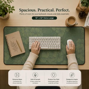 Sage Green Botanical Desk Mat | Hydrangea Floral Mouse Pad, Japandi Office Setup image 3