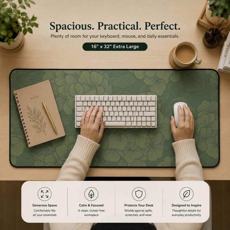 Sage Green Botanical Desk Mat | Hydrangea Floral Mouse Pad, Japandi Office Setup image 3
