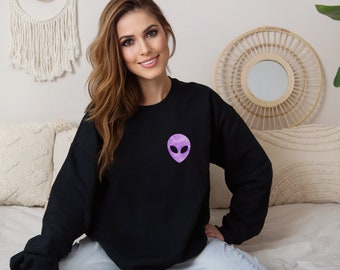 Grunge Alien Head Sweatshirt: Boho Outer Space Pullover