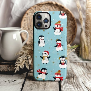 Uroczy futerał na telefon z pingwinem, etui na telefon świąteczny, etui na iPhone'a, Samsung S23, prezent świąteczny, modny dodatek, sezon świąteczny, etui z kreskówkową grafiką