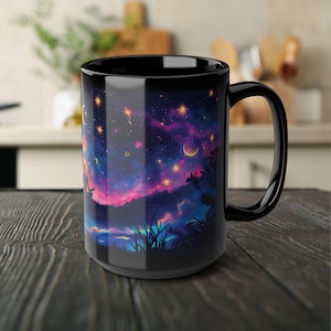 Celestial Meditation Mug, Astrology Lover Gift, Nebula Coffee Mug, Cosmic Yoga Mug, Galaxy Print Mug, Zodiac Gift, Black Ceramic Mug