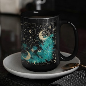 Celestial Gold Coffee Mug: Sun, Moon & Clouds - Whimsigoth Gift