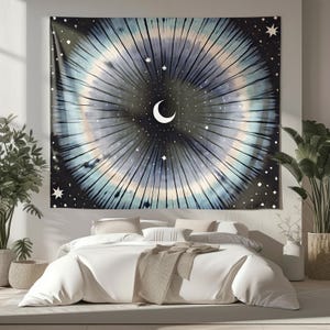 Celestial Crescent Moon Wall Tapestry, Glowing Moon with Stars, Meditation Space Decor, Cosmic Wall Art, Tapestry Aesthetic, Spiritual Decor